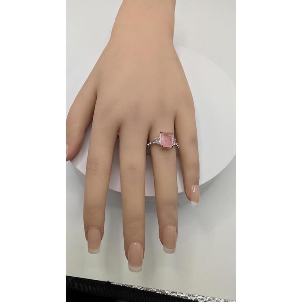 Silver Ring with Rectangular Pink Gemstone and Accent Stones Size 7